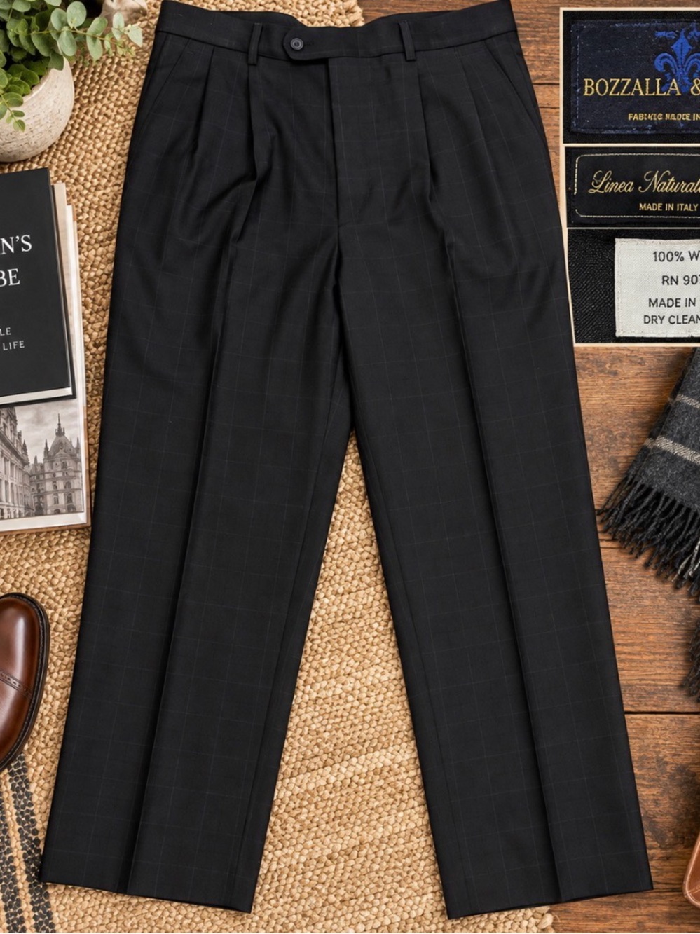 Linea Naturale Luxe Mens 32 Bozzalla Lesna 100% Wool Windowpane Pants Italy